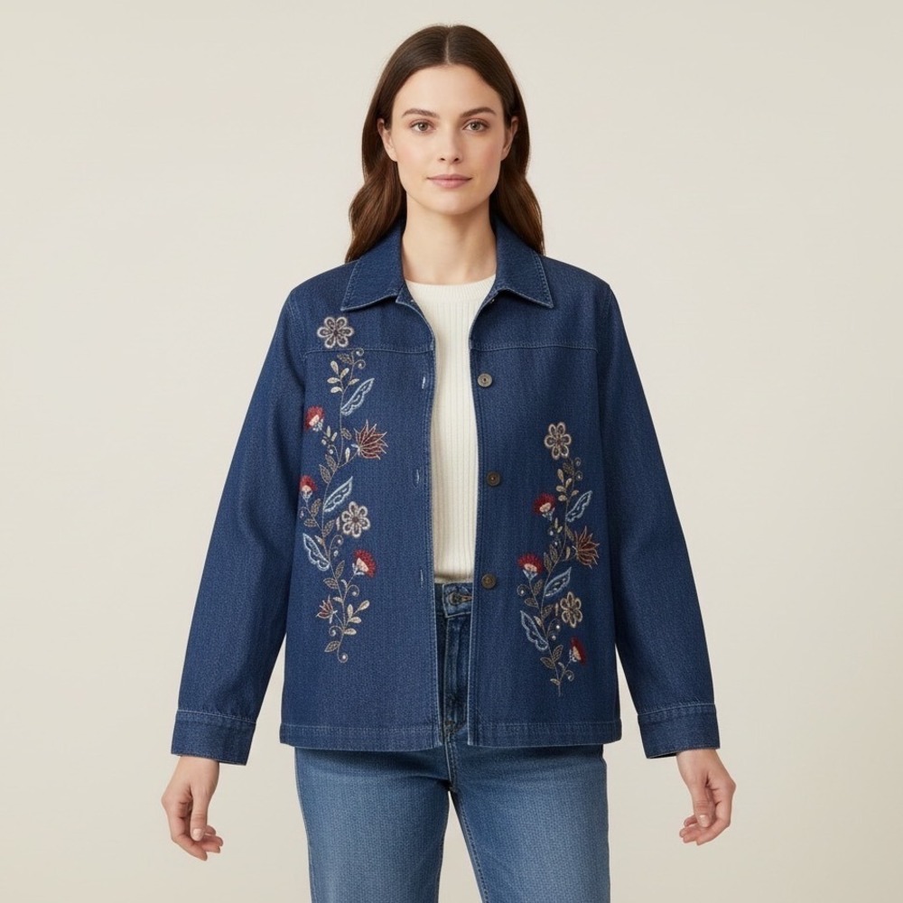 Alfred Dunner‎ Womens Blue Denim Floral Embroidered Jacket 10 Boho Folk Cottage